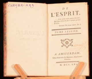 1761 2vol de LEsprit by Claude Adrien Helvetius Philosophy Calf