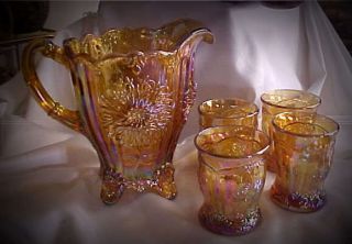 Mosser Glass Amber Carnival Dahlia Pitcher Tumblers Water Set