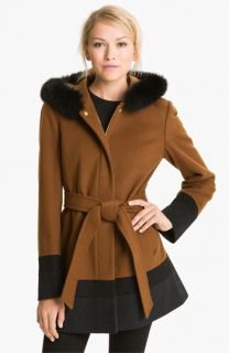 Ellen Tracy Colorblock Coat with Genuine Fox Fur Trim