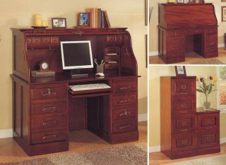 Deluxe Roll Top Computer Desk Cherry Finish Home Office
