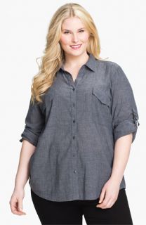 Eileen Fisher Roll Sleeve Chambray Shirt (Plus)