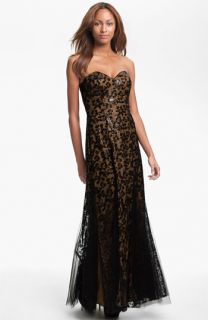 Sean Collection Strapless Sequin Mesh Overlay Gown