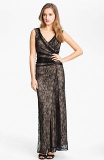 Wyton V Neck Ruched Lace Overlay Gown