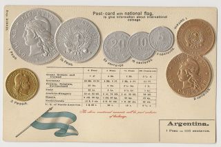  Coin Card Postcard with National Flag & Currency Converter   Argentina