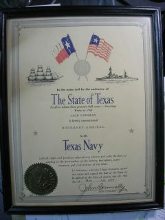   Commission Honorary Admiral signed by TX Governor John Connally 1964