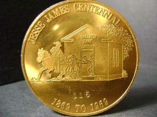 1869 1969 Jessey James Centennial Gallatin MO 115 Medal 38mm Brass UNC