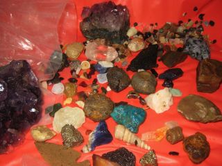 Large bag of paydirt loaded with Amethyst gems and fosils from around