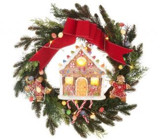 24 Lit Sugared Gingerbread House Wreath with Timer by Valerie
