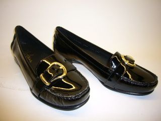 New Cole Haan Marlee Buckle Black Patent Leather Loafers with Gold