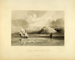 1849 Copper Engraving Sarepta Sidon Lebanon Coast SHIP Boat Bartlett