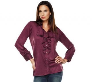 George Simonton Faux Suede Button Front Shirt with Ruffle Detail
