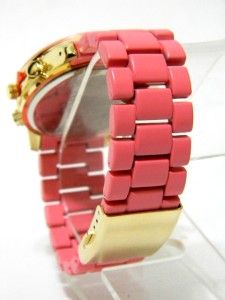 Gold Coral Pink Band Geneva Womens Fashion Ceramic LK Style Bracelet