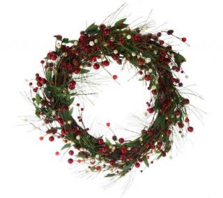 22 Ivory and Red Berry Wreath with EvergreenSprigs by Valerie