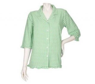 Denim & Co. Seersucker Gingham 3/4 Sleeve Ruffle Shirt —