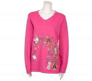 Quacker Factory My Favorite Pet Holiday V neck Tunic Sweater