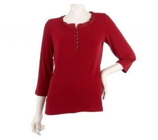 Susan Graver Liquid Knit 3/4 Sleeve Henley Top with Charmeuse Trim