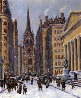 Colin Campbell Cooper Wall Street Facing Trinity Church Oil Painting