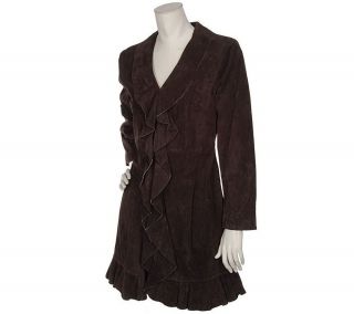 Dennis Basso Suede Ruffle Front 3/4 Length Coat —