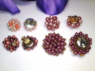  SETS LOT PEARL PINK PURPLE CORAL BEADED CLIP GOLD/SILVER TONE EARRINGS