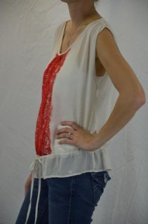 Collective Concepts High Low Chiffon Ivory Blouse Red Lace Front w