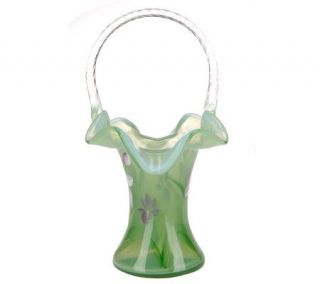 Fenton Art Glass Fern Green Opaline Iris Basket —