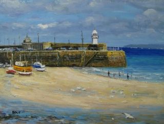 Oil Painting St Ives Cornwall Town Beach Fishing Boats British