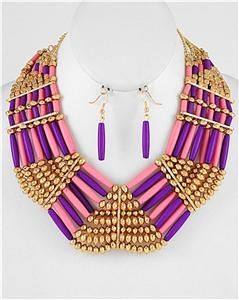  purple pink beaded gold earring necklace set fashion costume jewelry