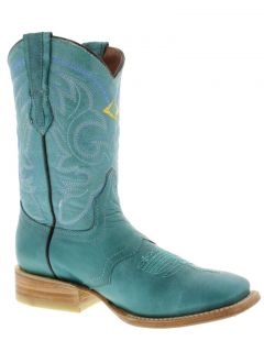 Womens Ladies Turquoise Leather Roper Square Cowboy Boots Rodeo