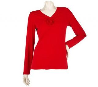 Susan Graver Liquid Knit V Neck Top with Rosette and Pintuck Details 