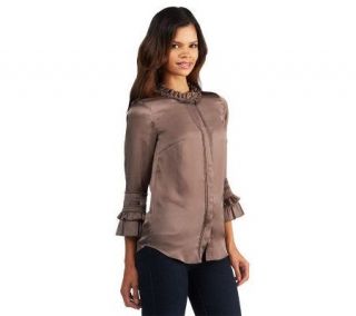 Button Front Blouse with Ruffle Sleeve & Collar Detail 
