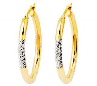 14K Yellow Gold & White Rhodium Diamond cut Oval Hoop Earrings