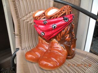 Mercuries Cowboy Cowgirl Cookie Jar w Horse Shoe Scarf