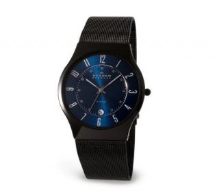 Skagen Denmark Mens Black Titanium Watch w/ Blue Dial —