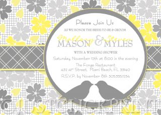 Floral Lovebirds Couples Bridal Shower Invitation Yellow Gray