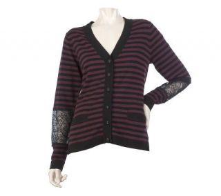 LOGO by Lori Goldstein Striped Cardigan with Lace Detail   A218855