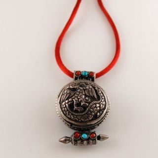 Antique Tibetan Silver Turquoise Coral Pendant Necklace