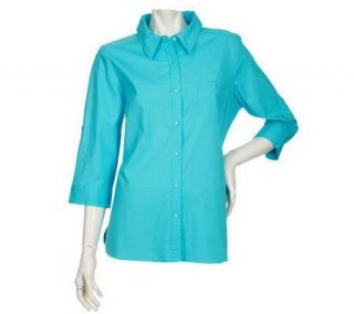 Denim & Co. Essentials Roll Tab Sleeve Stretch Woven Shirt —