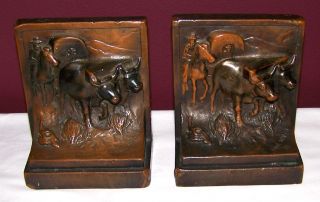 The Covered Wagon Pompeian Bronze Bookends Very RARE