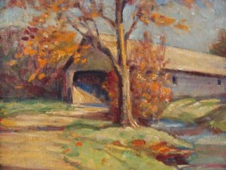 Antique Signed 20 C. Impressionist O/B Covered Bridge Painting