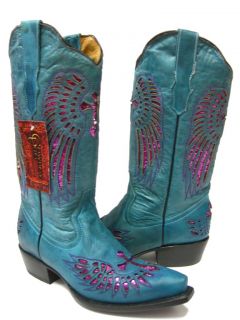  Ladies Turquoise Leather Western Cowboy Boots with Wings Cross