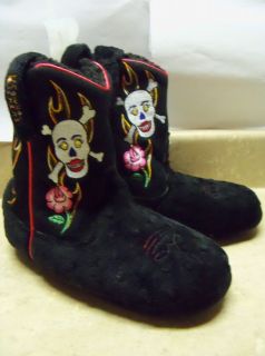 Black Skulls Flame Western Cowboy Boots House Slippers Womens Ladies
