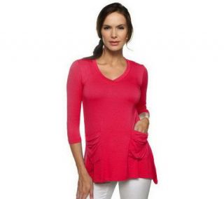 LOGO by Lori Goldstein V neck Tee with 3/4 Sleeves and Pocket Detail 