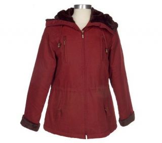 Larry Levine Microfiber Zip FrontHooded Anorak w/ Faux Fur Details