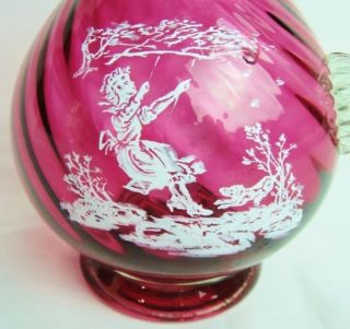Cranberry Glass Mary Gregory Hand Blown Ruffle Pitcher Girl Swinging
