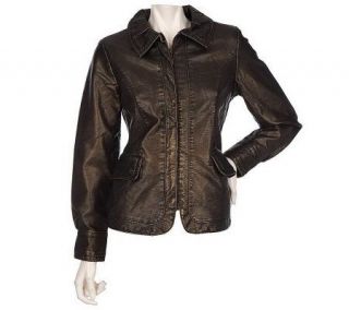 Susan Graver Faux Leather Washed Metallic Zip Front Jacket —