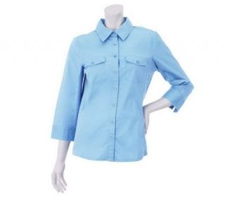 Denim & Co. Stretch Woven Button Front Shirt w/Knit Side Panels 