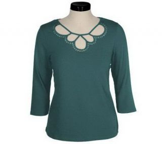 Susan Graver Stretch Cotton Knit Top with Beaded Keyhole —