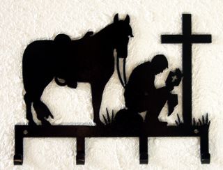 COWBOY PRAYING RUSTIC WESTERN METAL ART KEY HOLDER CABIN LODGE HOME