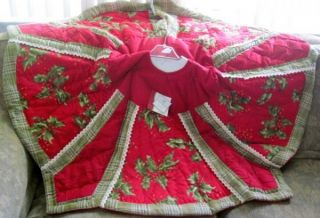 Quilted Red w Berries Green Plaid Crochet Lace Christmas Tree Skirt 54