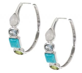 Multi Gemstone Round Sterling Hoop Earrings —